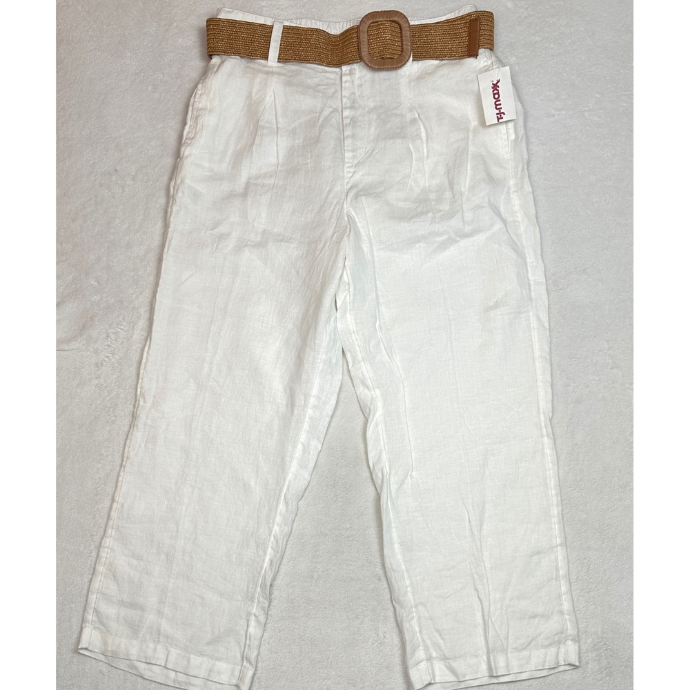 Halston Womens White 100% Linen Wide Leg Cropped Pants with Woven Belt Size L